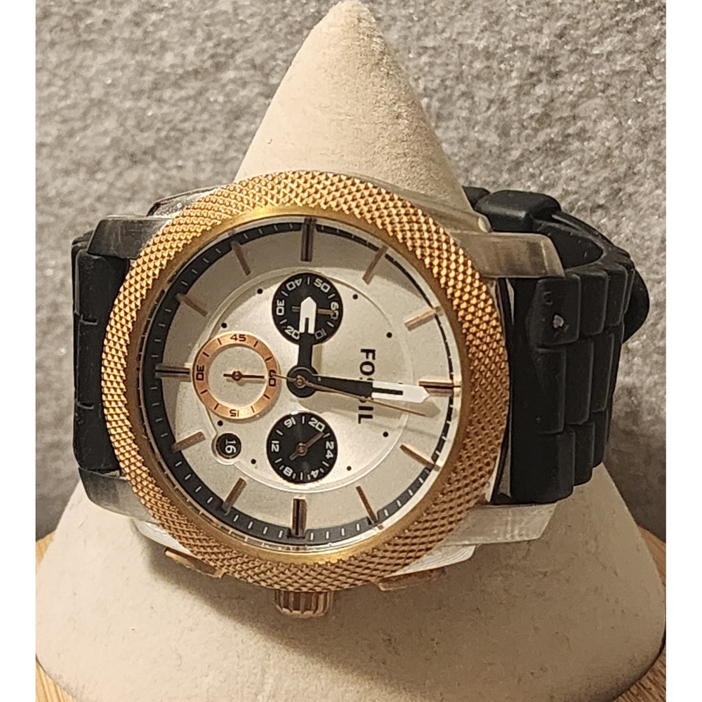 Fossil Machine Mens Chronograph Watch Gold Bezel Black Silicone Strap READ